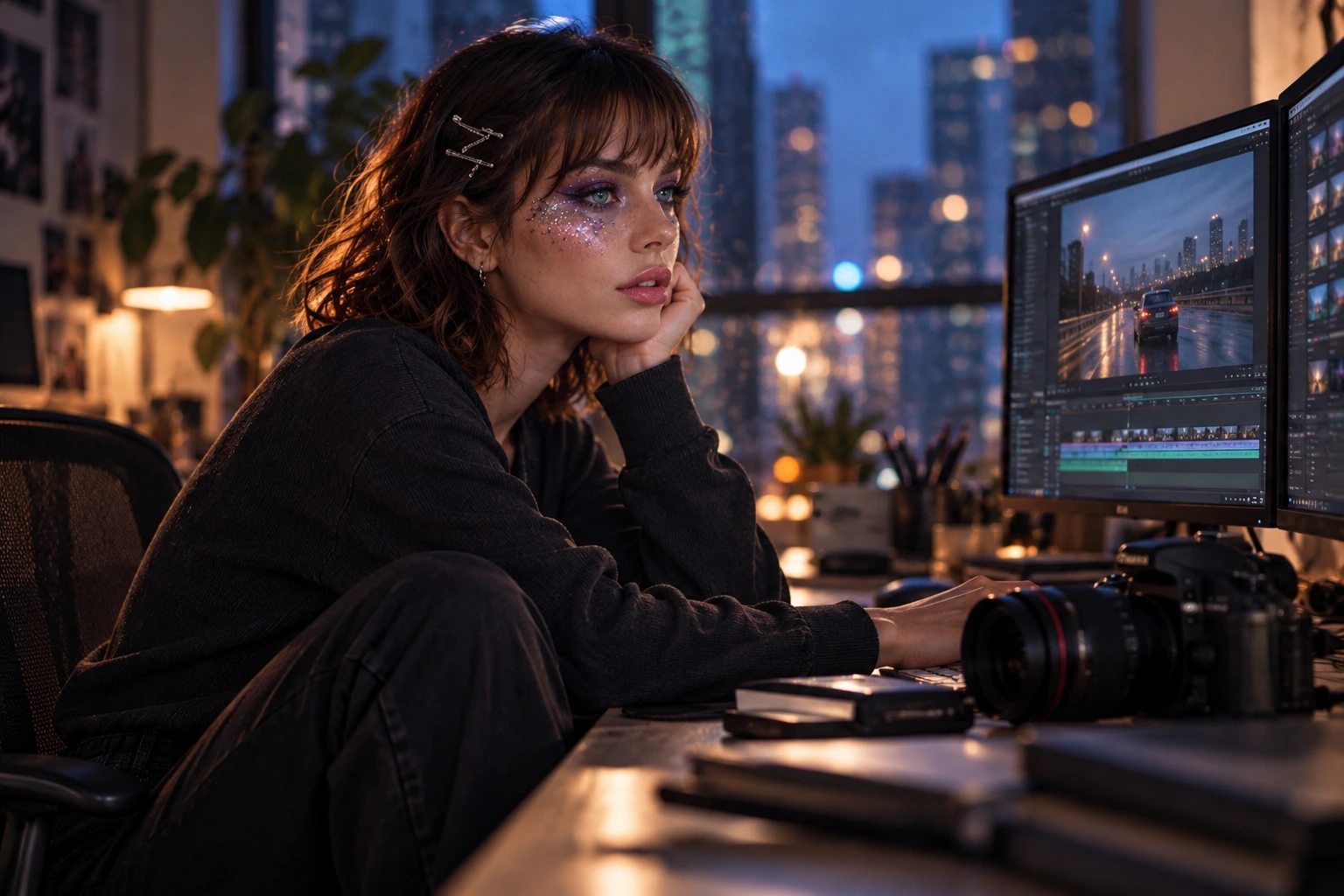 Aira beim Filmschnitt am Monitor