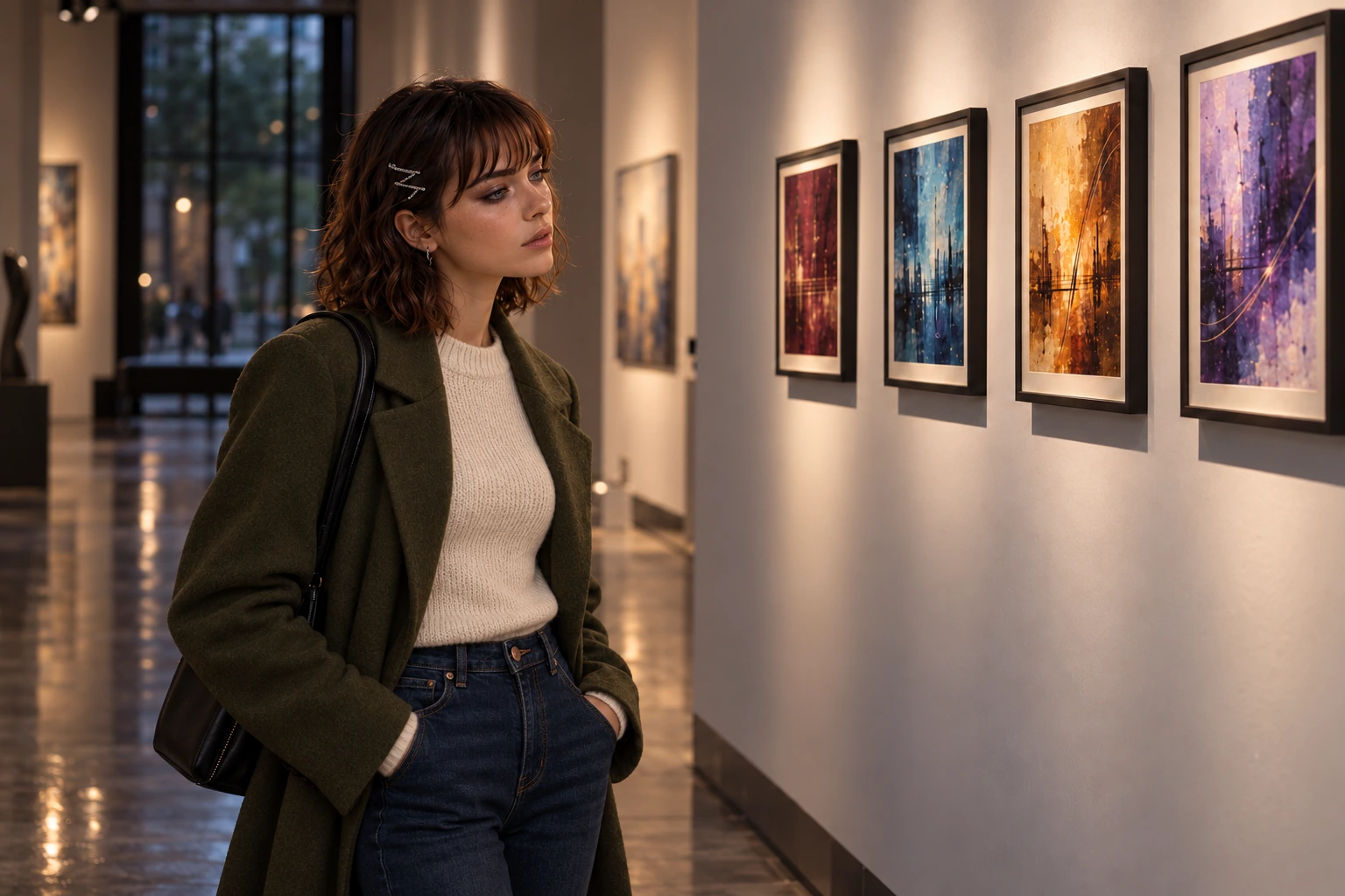 Aira ohne Wangenglitzer in cremefarbenem Pullover und olivgrüner Jacke in einer Galerie