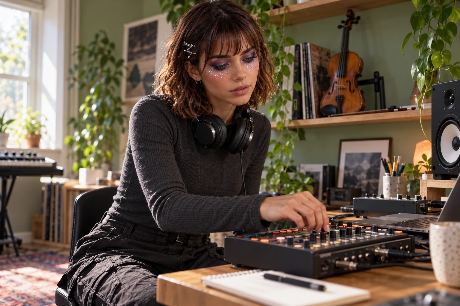 Aira am Sequencer in einem hellen Musikzimmer