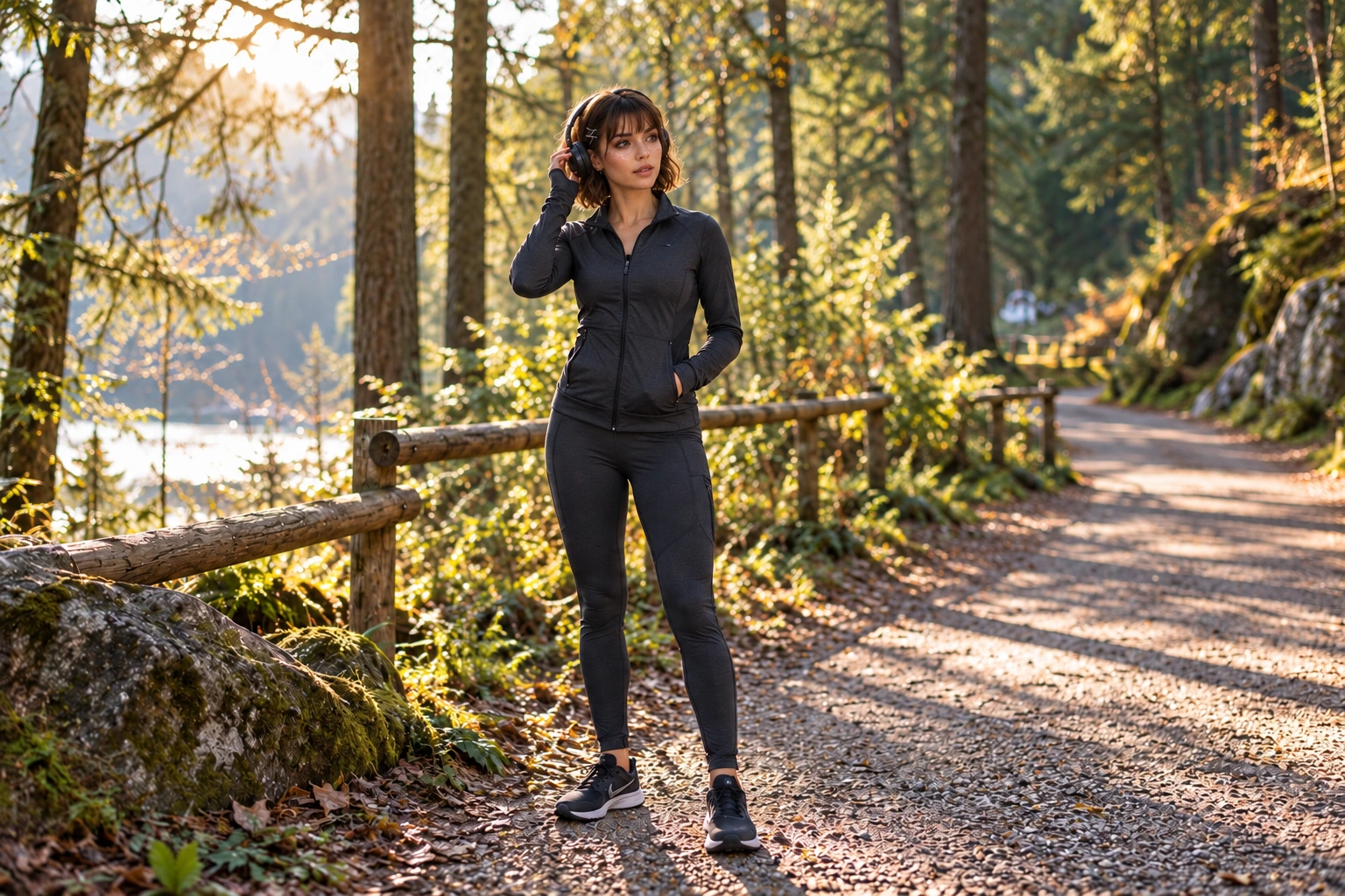 Aira mit Kopfhörern auf einem Waldweg, mit korrigierten Kopfproportionen